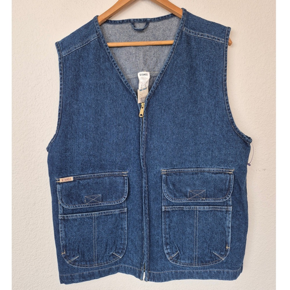 Vintage Gitano Utility Denim Vest Large Blue Zip Up Cargo Pocket Size Large